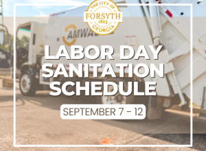 Labor Day Sanitation Schedule graphic with Forsyth logo and Amwaste truck.